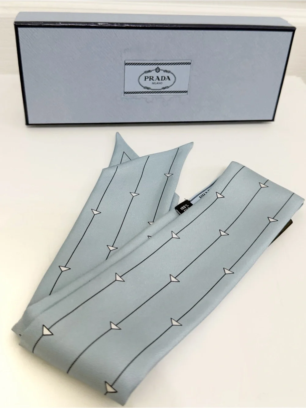 Prada Pale Blue Silk Twilly with Arrow Stripe